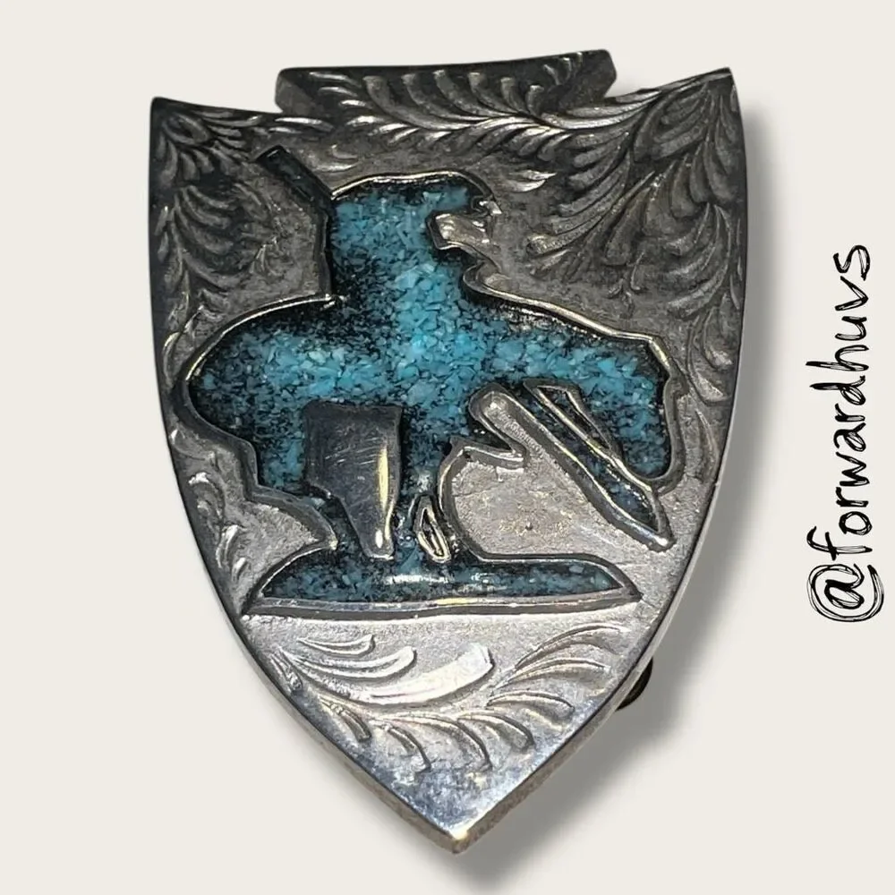 Vintage Bolo Tie Slide – “End of the Trail” – Turquoise Chip Inlay – ADM Silvers